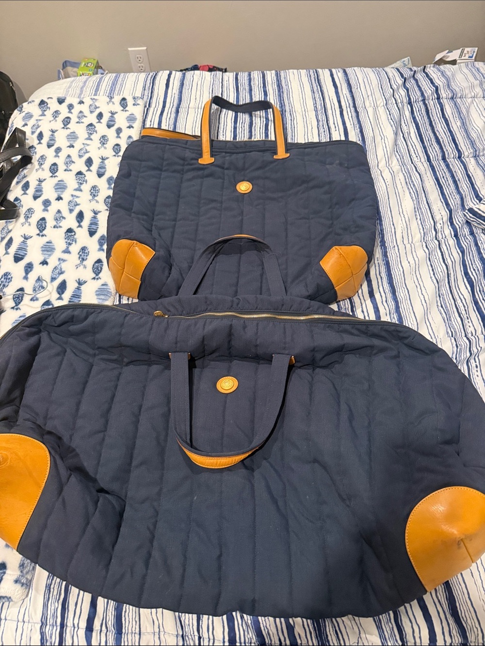 2 Ghurka Navy Quilted Bags with Tan Accents